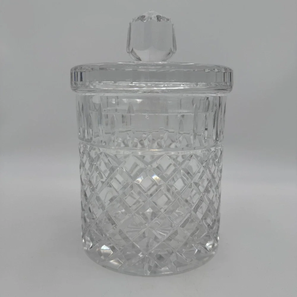 Vintage Diamond Cut Crystal Biscuit Barrel Candy Jar with Lid 7 Inch Clear Glass